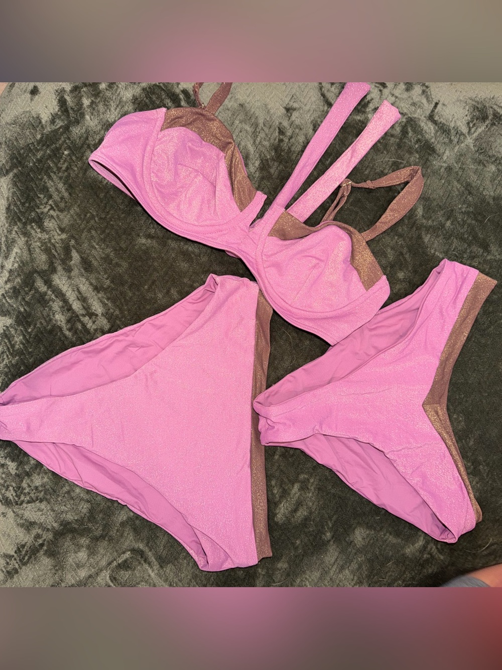 Pink Two-Piece Bikini Set with Brown Contrast Trim - never worn